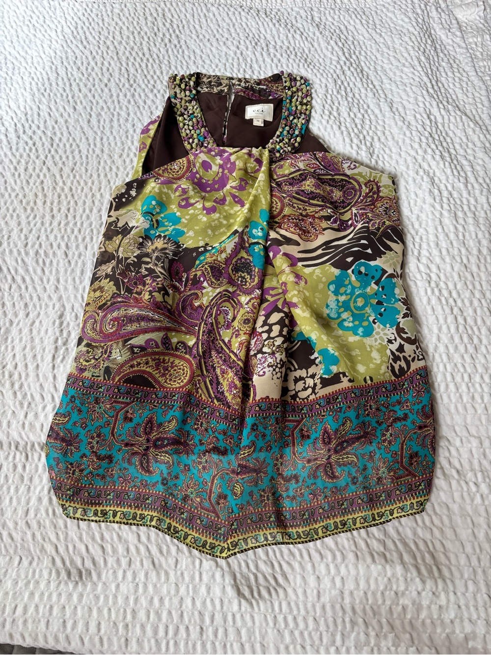 ECI Beaded-Neck Paisley Tank in Teal, Olive & Purple